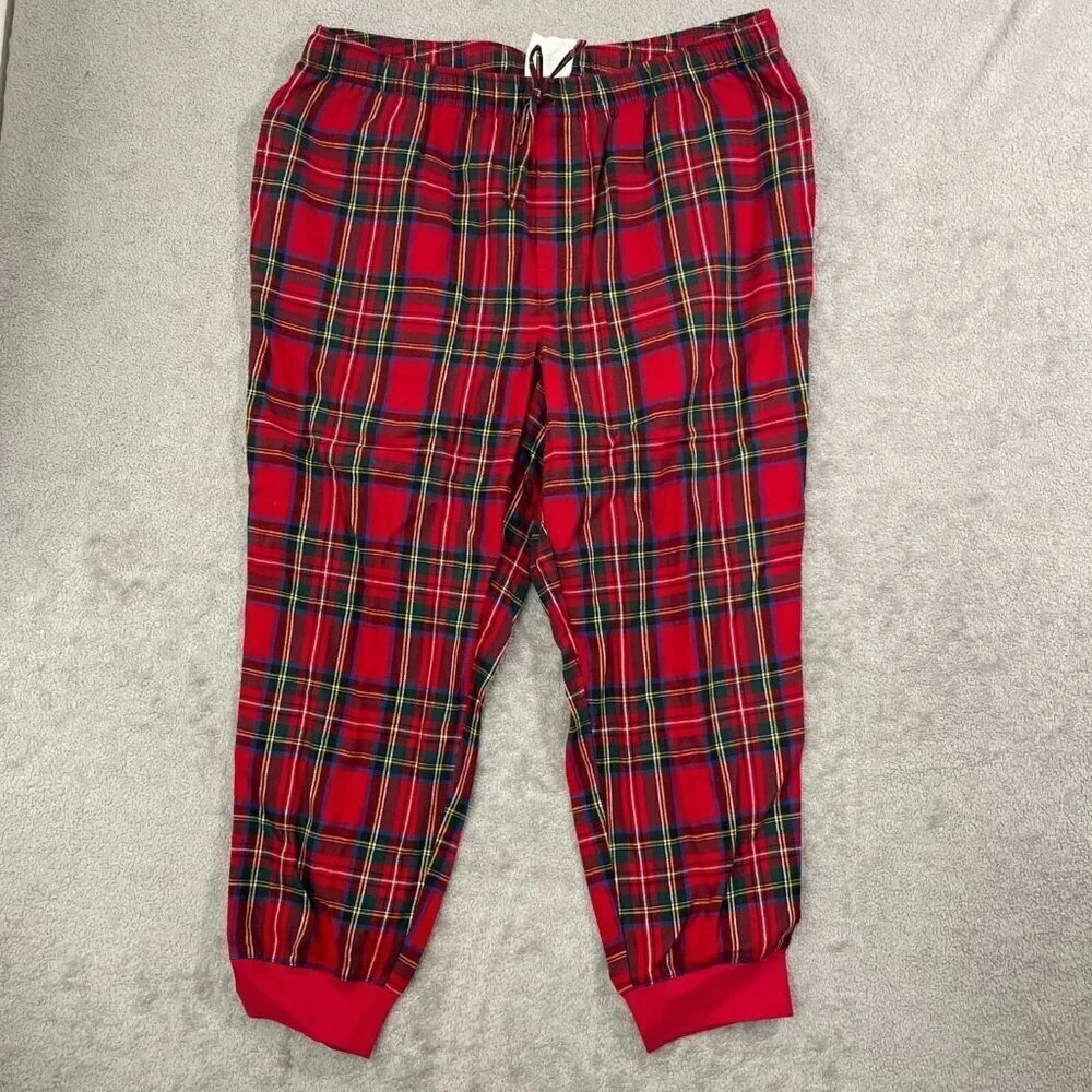 NEW MBT Men's XXL Red Tartan Plaid Jogger Pajama Pants Elastic Waist & Cuffs